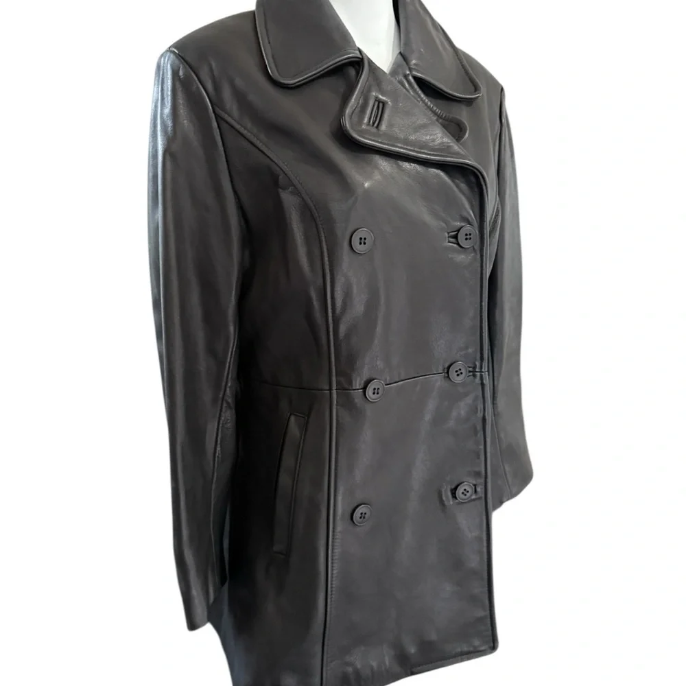Mantique Black Double-Breasted Leather Jacket, quilted lining, pockets Sz Med 🇨🇦 - Picture 6 of 10
